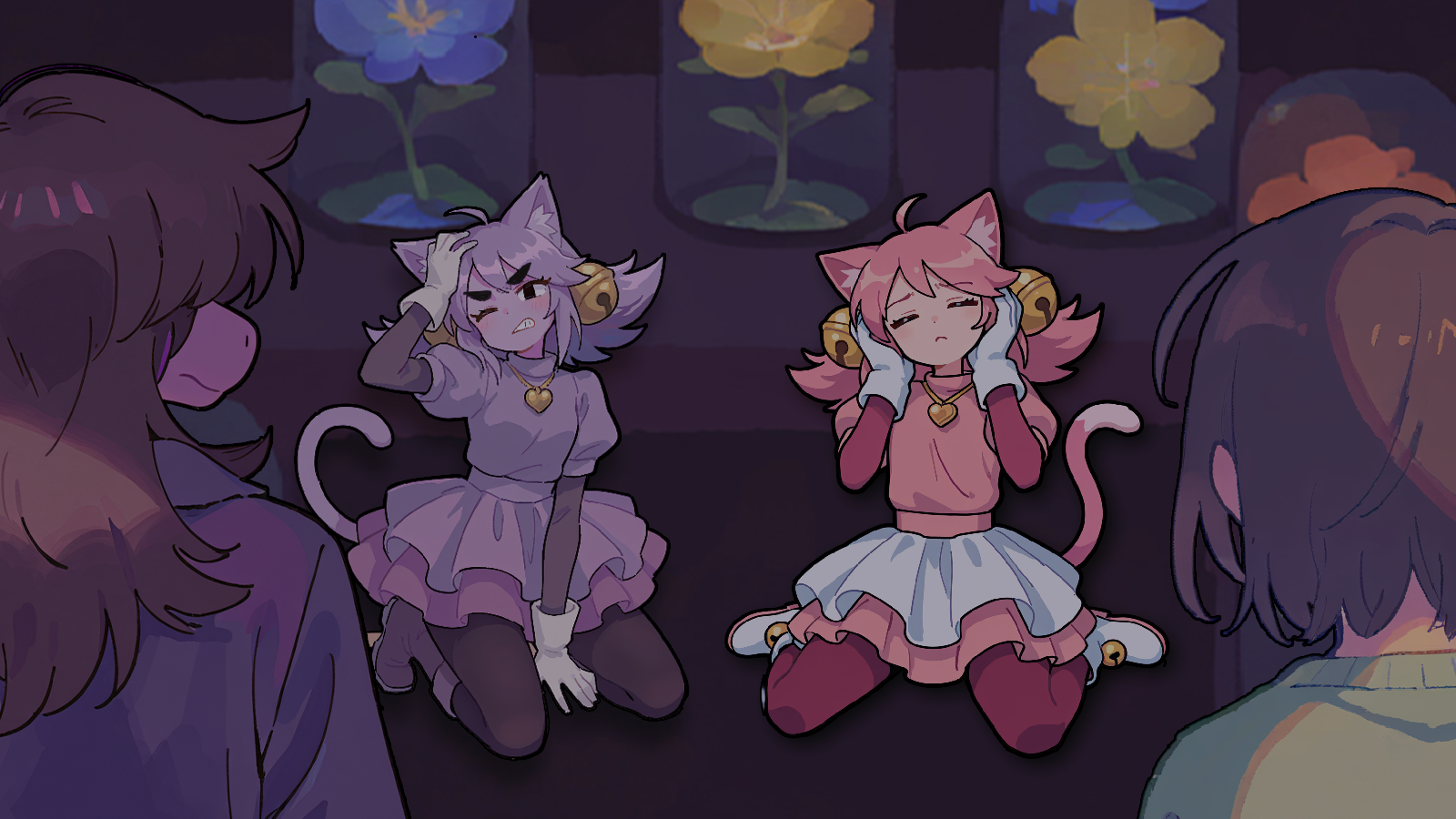 CONTEXT FOR THE IMAGE: It's nighttime already. Flower King shop interior - second floor. That is the place where Asgore lived, a mattress on the floor, fridge, old box TV. It's messy and doesn't have lighting. Behind the six glass containers containing Seven Colored Flowers in their primitive, Light World forms, stood up Pink (both Body and Ghost). They expected to return to the form of a small action figure and a ghost inhabiting it, but apparently they hold the same separate unique forms here! In Light World! Both Pinks are dizzy and confused about everything. They don't know it yet, but now Pinks can traverse between Dark and Light Worlds freely, still holding their human-like forms. Ghost is the anchor of Body in Light World. Anyway - both Body and Ghost are sitting on their knees, feeling like their heads spin due to unexpected warp into Light World.