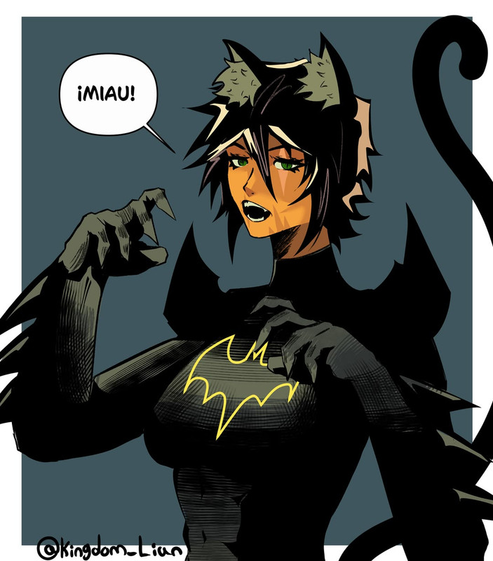 Batgirl caught off guard in her new bat-cat costume, visibly flustered