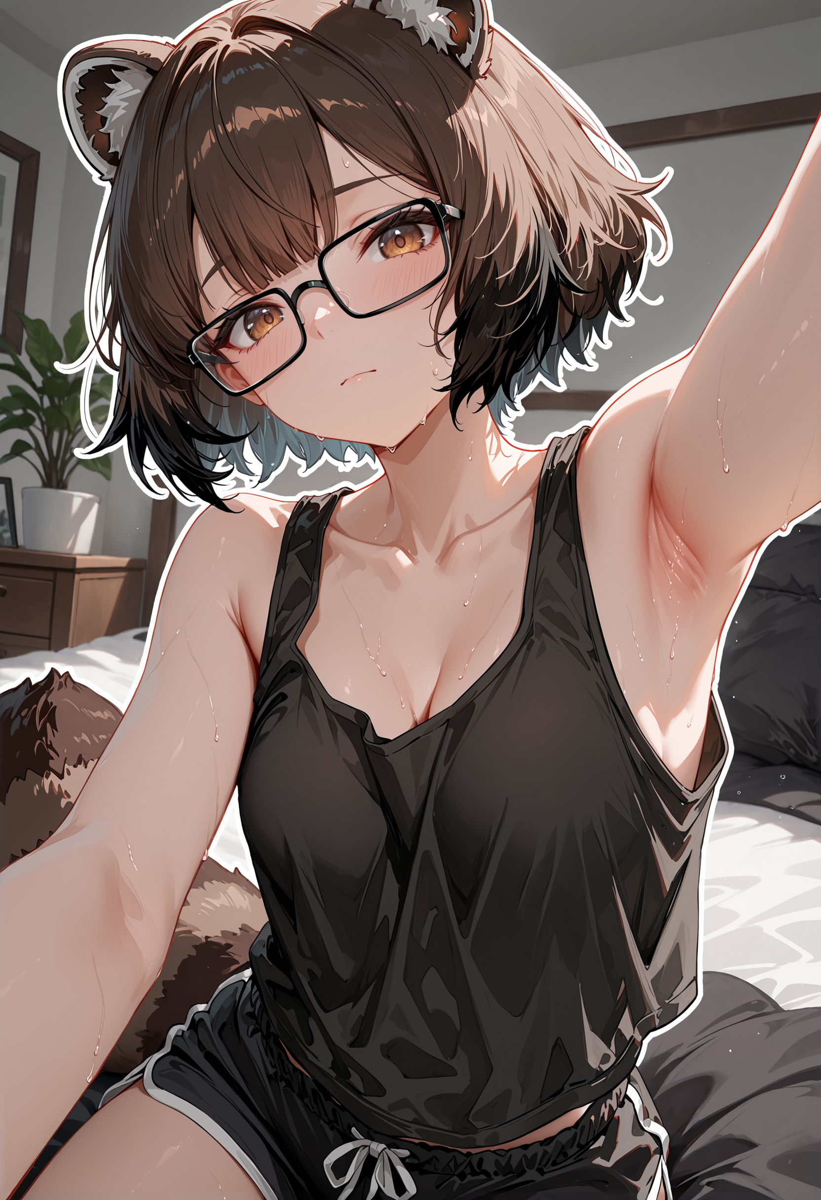 armpit, black tank top, sitting on bed