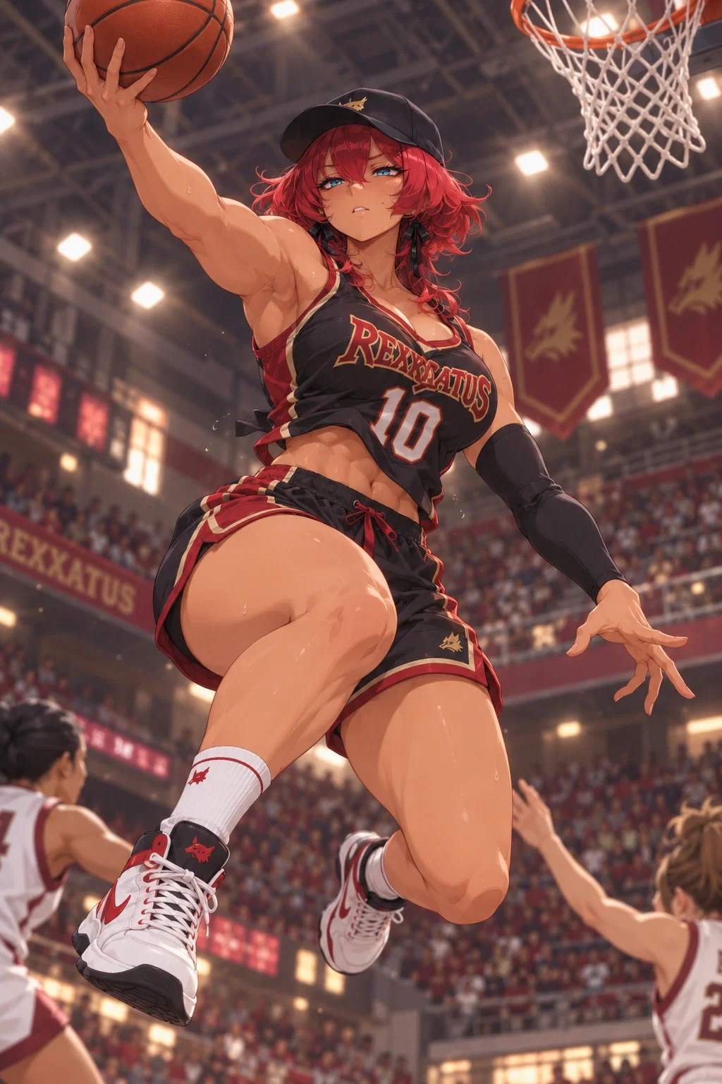 Rory jumping toward the basket with a basketball in her black-and-red uniform