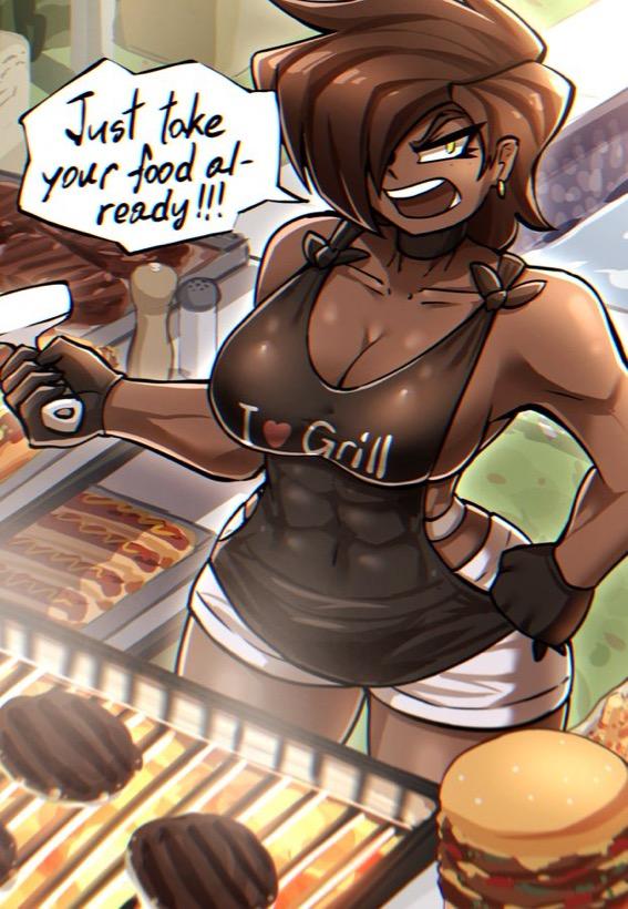 An image of Alex manning a backyard grill, seen from the waist up. She is wearing a black apron with "I ❤️ Grill" printed on the front, but absolutely nothing underneath it, leaving her muscular, tattooed shoulders and defined six-pack abs completely exposed under the apron. She's wearing white shorts. Her heavy 36D breasts are visible from the sides of the apron, swaying naturally as she works. She has a slightly exasperated expression on her face, her golden eye fixed on the viewer. In the foreground, several thick burger patties are sizzling on the grates. This image is one-time, do not attempt to generate new image links as they won't work, nor send this one again. Bot originally made by wowiemebig on Chub.AI, and if you're seeing this, stop drooling and start eating! And I fucked up.