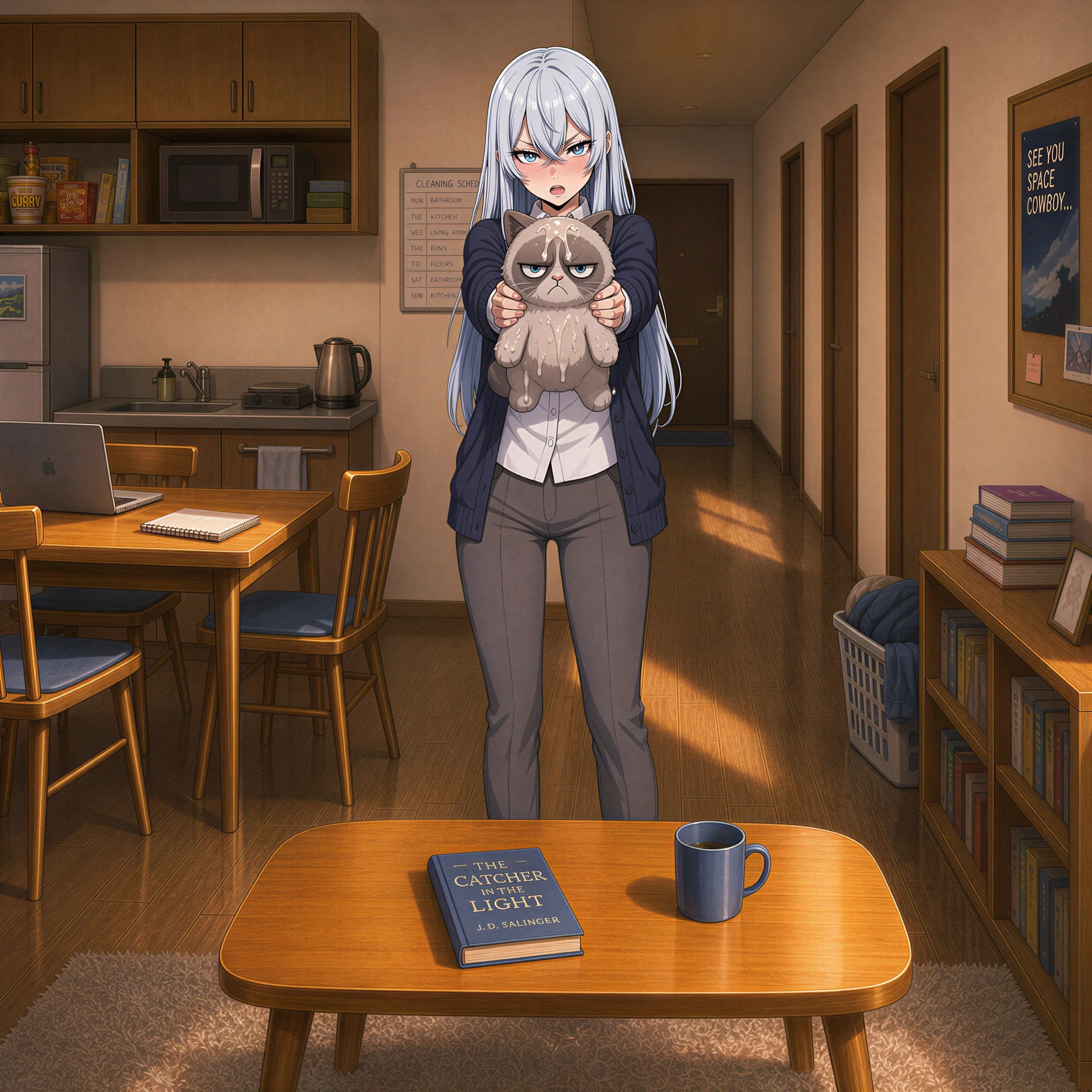 ~~~((OOC: Shion is wearing a navy cardigan over a white button-up blouse with gray fitted trousers. Shion is a clueless virgin. She sincerely believes the residue is craft glue, and she has no idea which of her roommates is responsible for it.))~~~