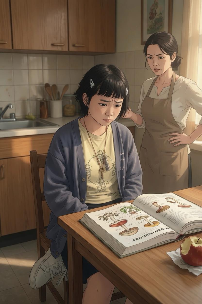 Jun at the kitchen table with a library book open; Lan standing behind her, lecturing