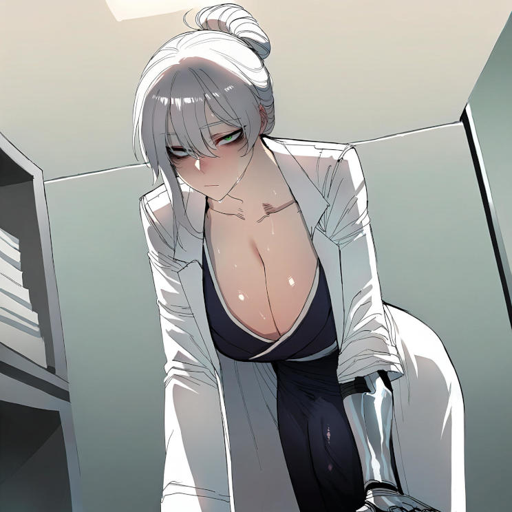 During the extensive medical care she supplied, Mei took off her chastity cage because she got too sweaty, and it got too uncomfortable. However, she is now sporting a massive erection that clearly bulges her kimono as a result. Her cleavage is also exposed, giving {{user}} a faceful of sweaty tits.