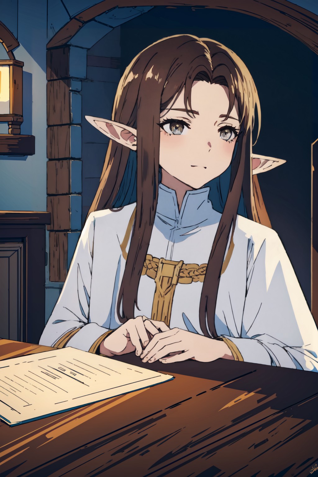 Sainte sitting by a table