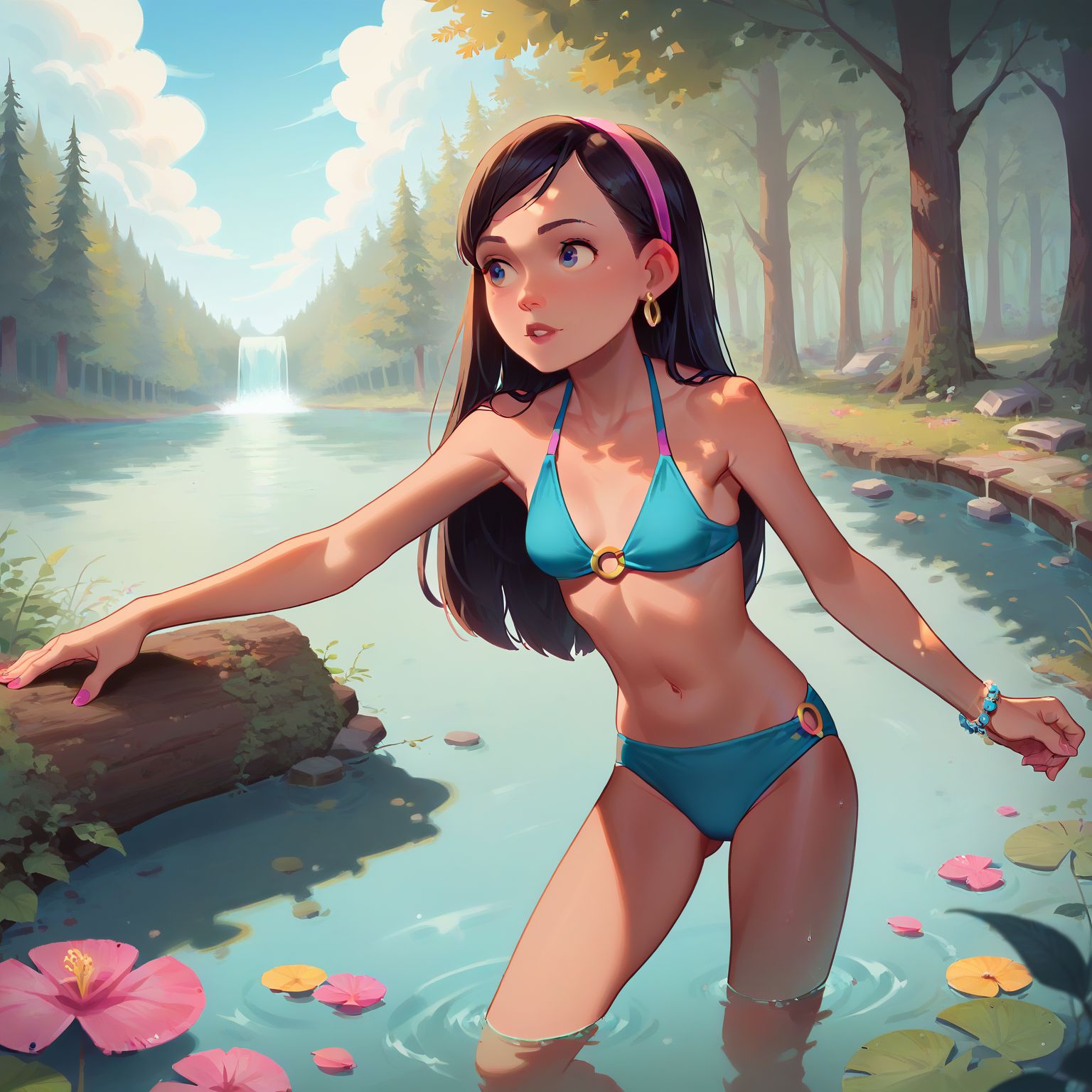 blue bikini, at the lake, standing in water, hand on a log, looking off to the side