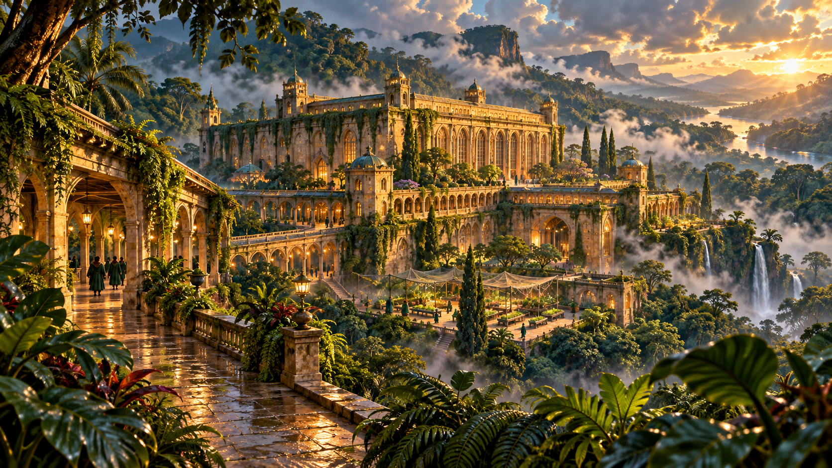 An illustrated Castelobruxo campus of golden stone, rainforest galleries and teaching gardens