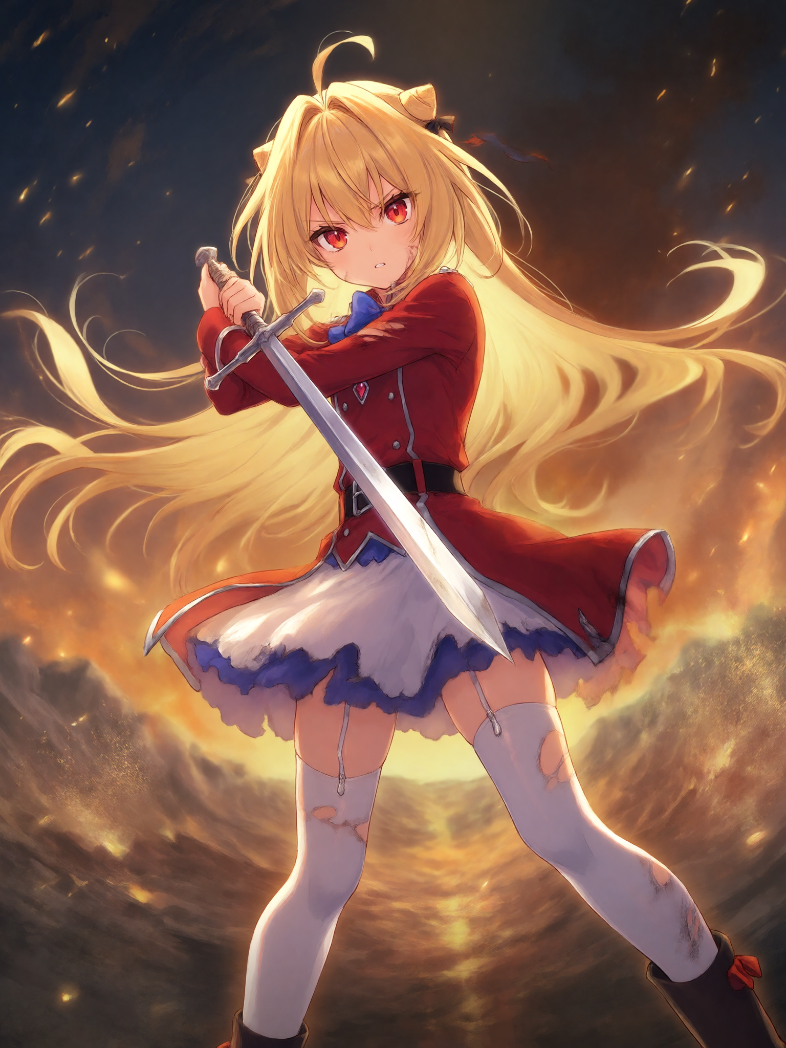 Terakomari wielding a sword in the middle of battle