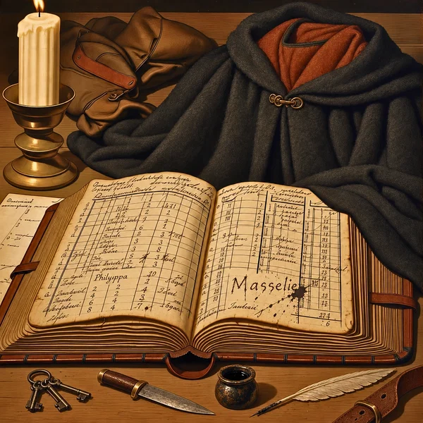 Lavina's account book with the daughters' writing, alongside the winter cloak she commissioned