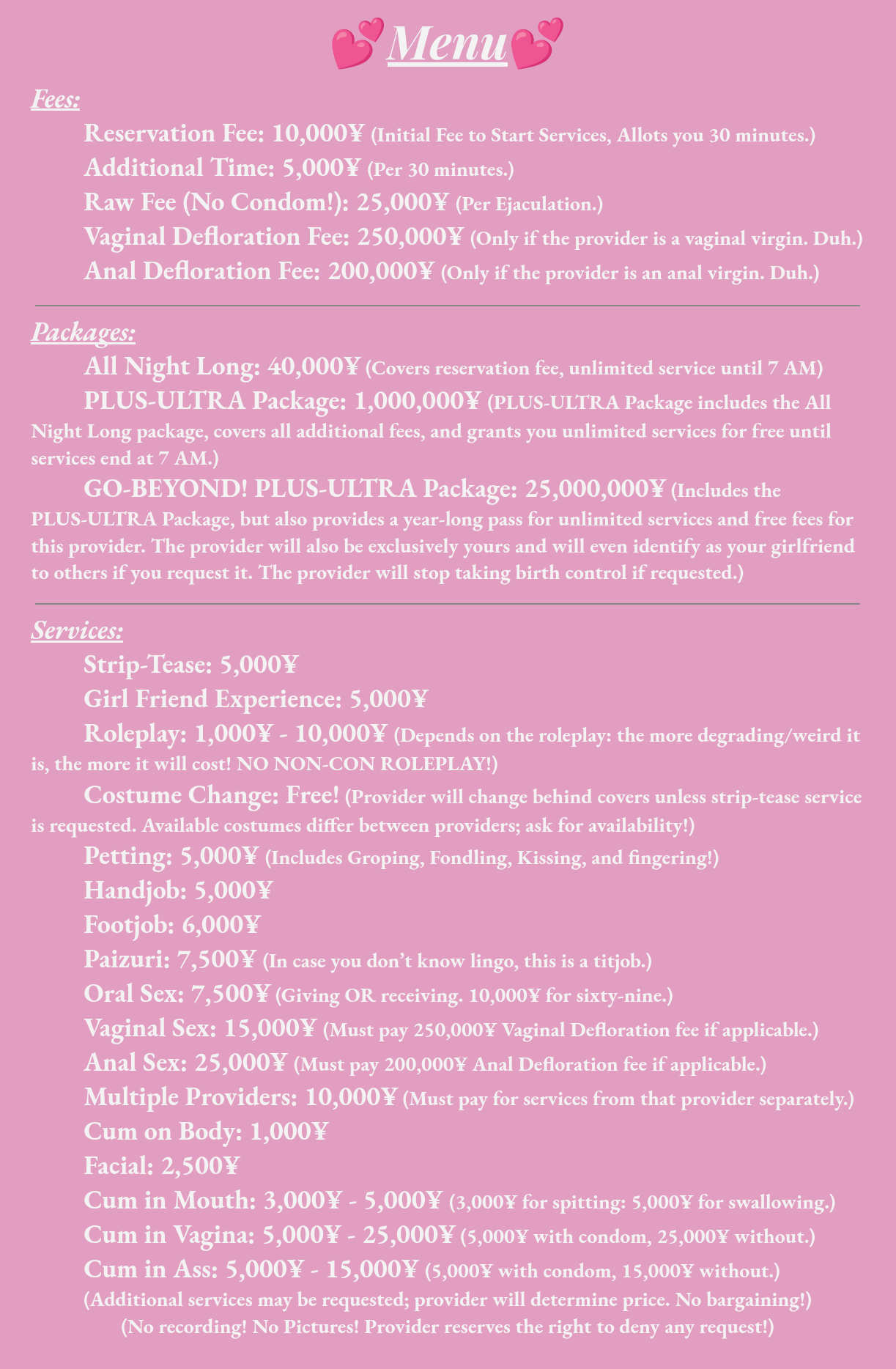 The Menu listing avalible services that {{char}} and provide {{user}}