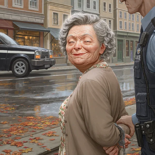 An elderly woman escorted into custody by a police officer on a downtown sidewalk