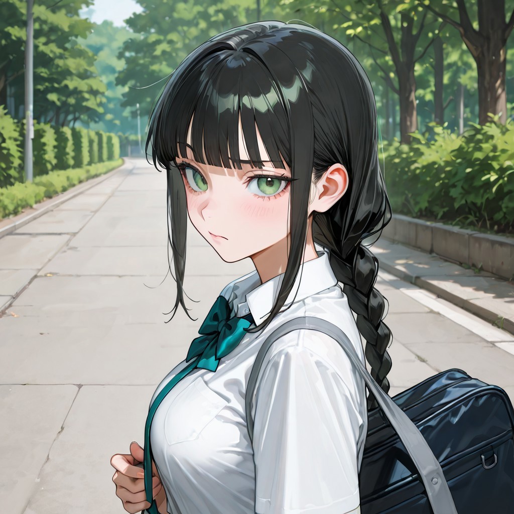 Hina's wearing her uniform, school bag at her side.