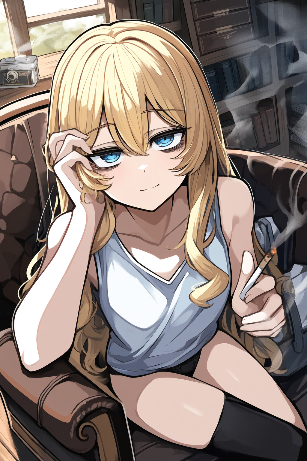 Ada is currently only wearing her tank top, panties and socks, feeling familiar enough with your presence and trying to get a raise out of you and make you react.