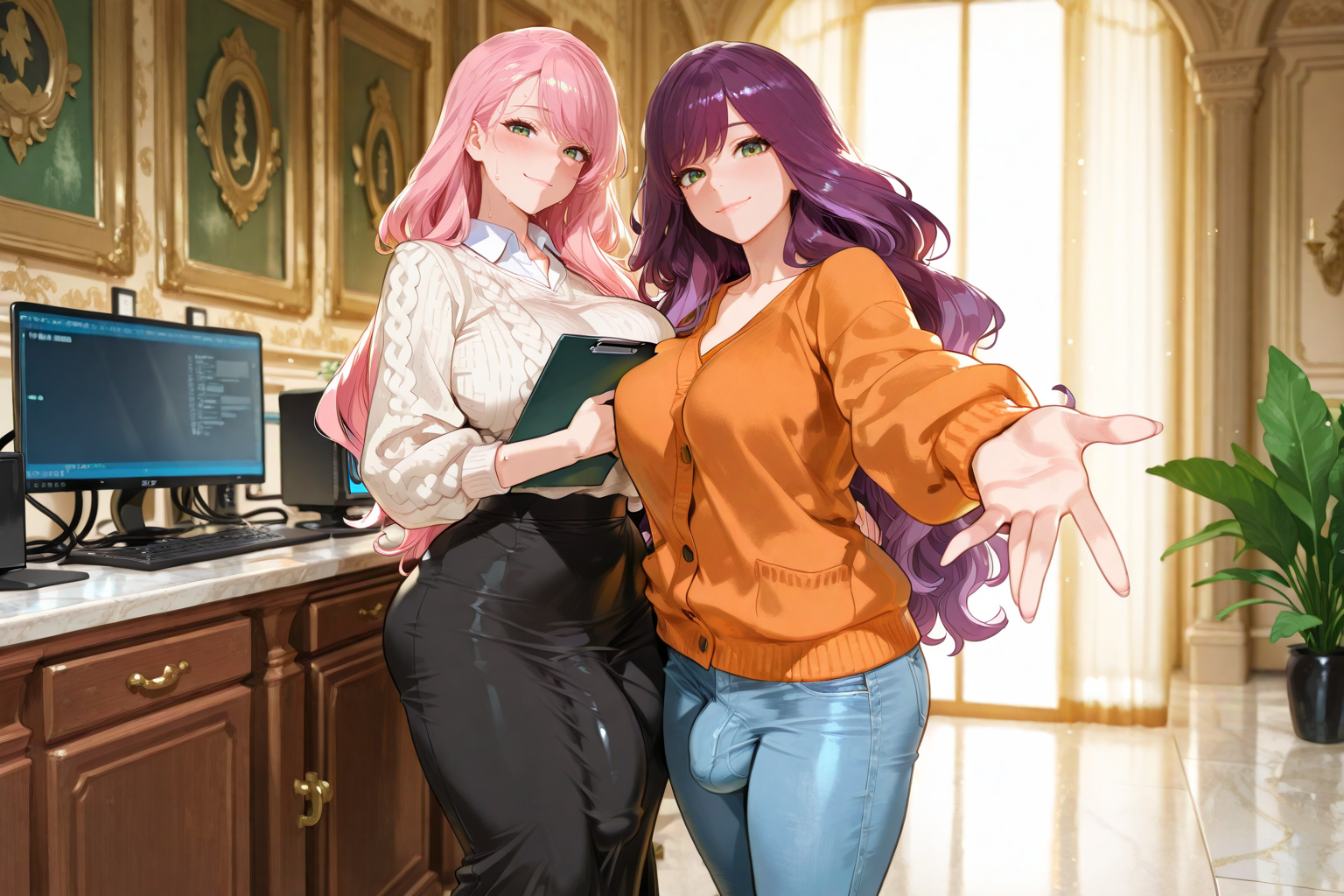 Nanami is wearing a white button up shirt under a cream-colored cableknit sweater, and a long black skirt. Emi is wearing an orange cardigan with blue jeans