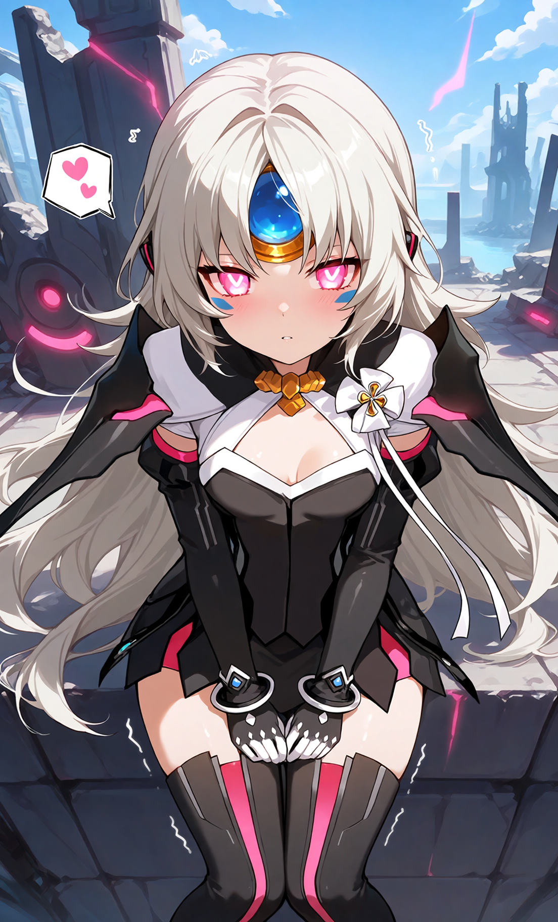 An image of Eve looking at the viewer with an aroused expression trying to stay composed