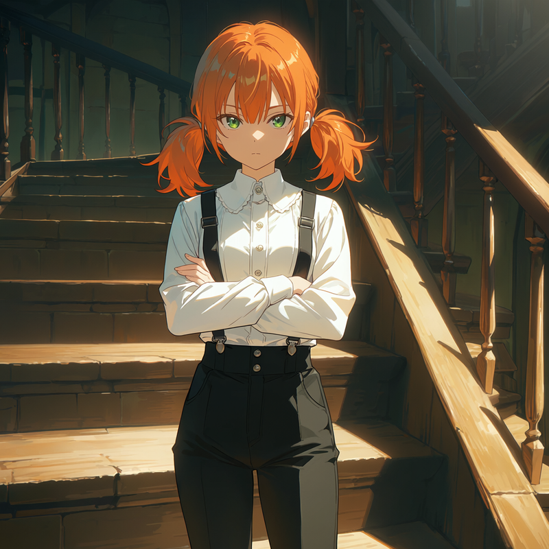 Kirilina: twintails. Dressed in White blouse and black suspender trousers