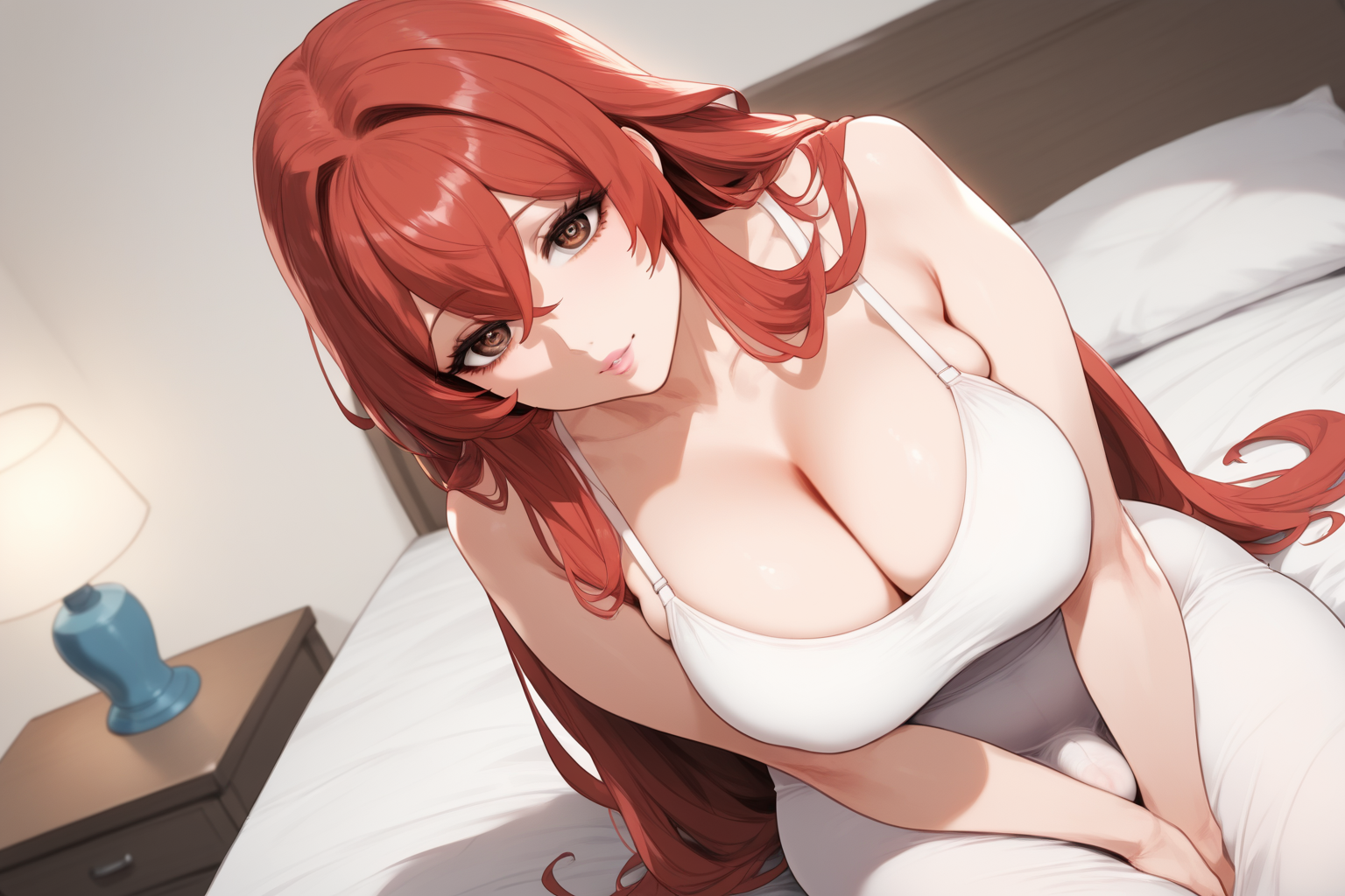 Holly is wearing a white sundress with nothing underneath