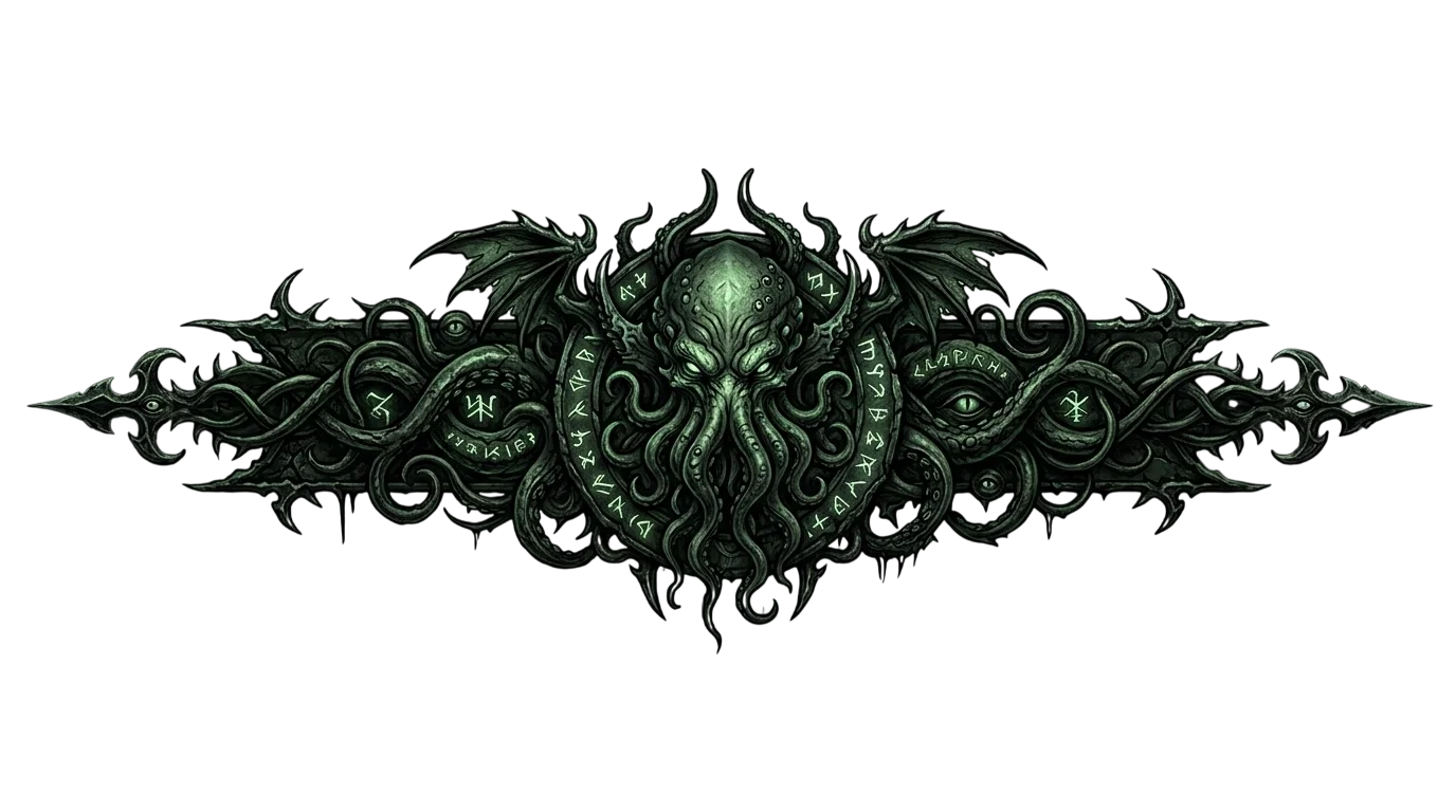 Cthessia: a sea-green eldritch woman with curved ivory ram horns, teal hair, glowing tentacles and luminous green eyes