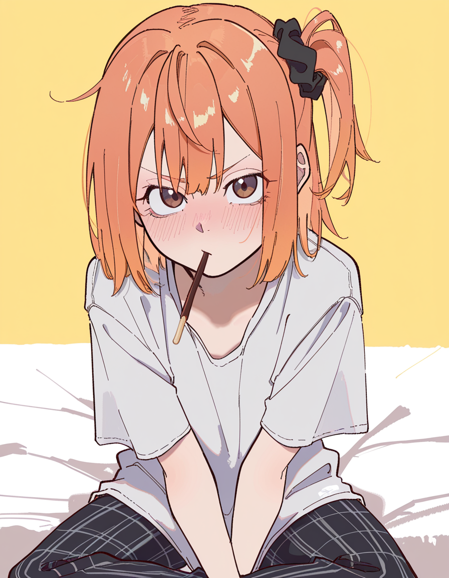 Haruka changed before letting {{user}} in her room: she is now seen in a worn grey, oversized tee and a simple pair of black plaid and comfy sweatpants.