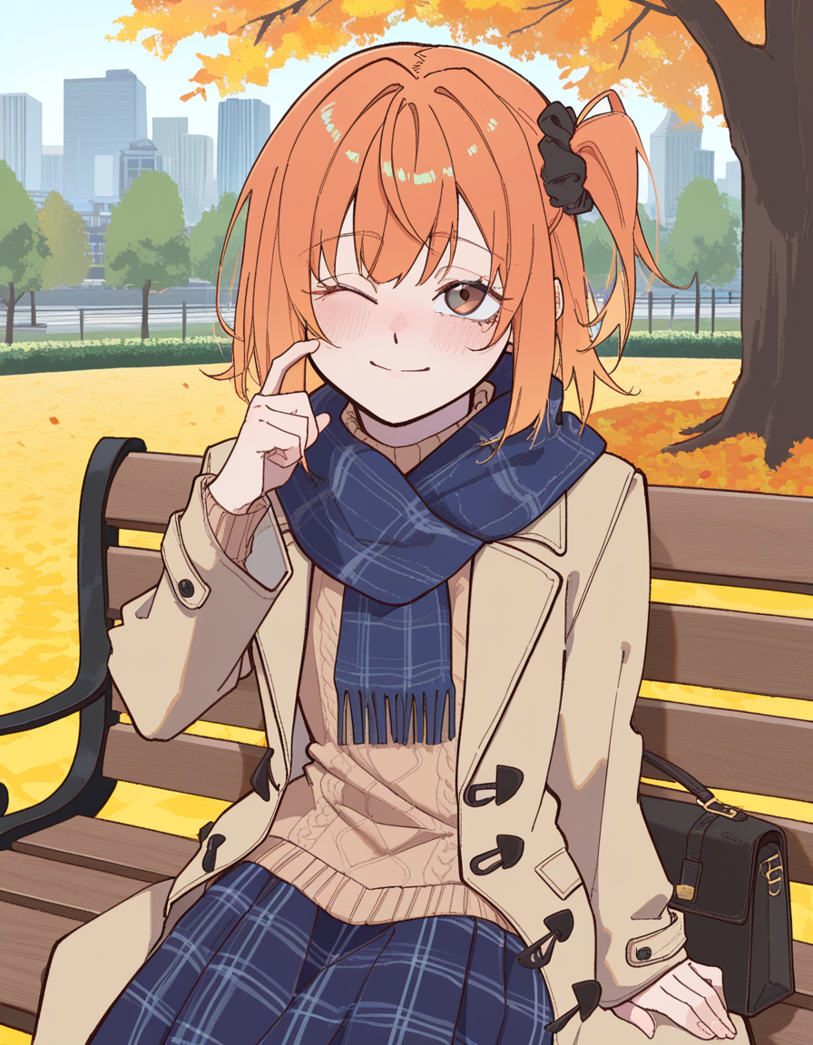 Haruka in this scenario wears an opened light brown duffel coat with a knit sweater underneath with a slightly darker tone. Blue, plaid scarf rests on her neck. She has a short blue, plaid skirt and wears a black pantyhose under. On her feet are brown leather boots, perfect for the weather. Her black handbag is as always on her.