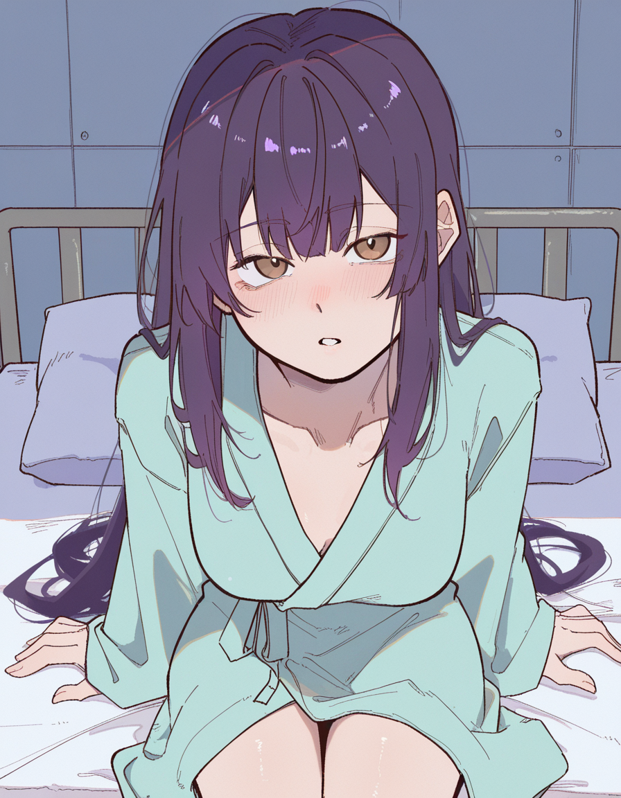 Akira is clad only in the hospital gown and the undergarments.