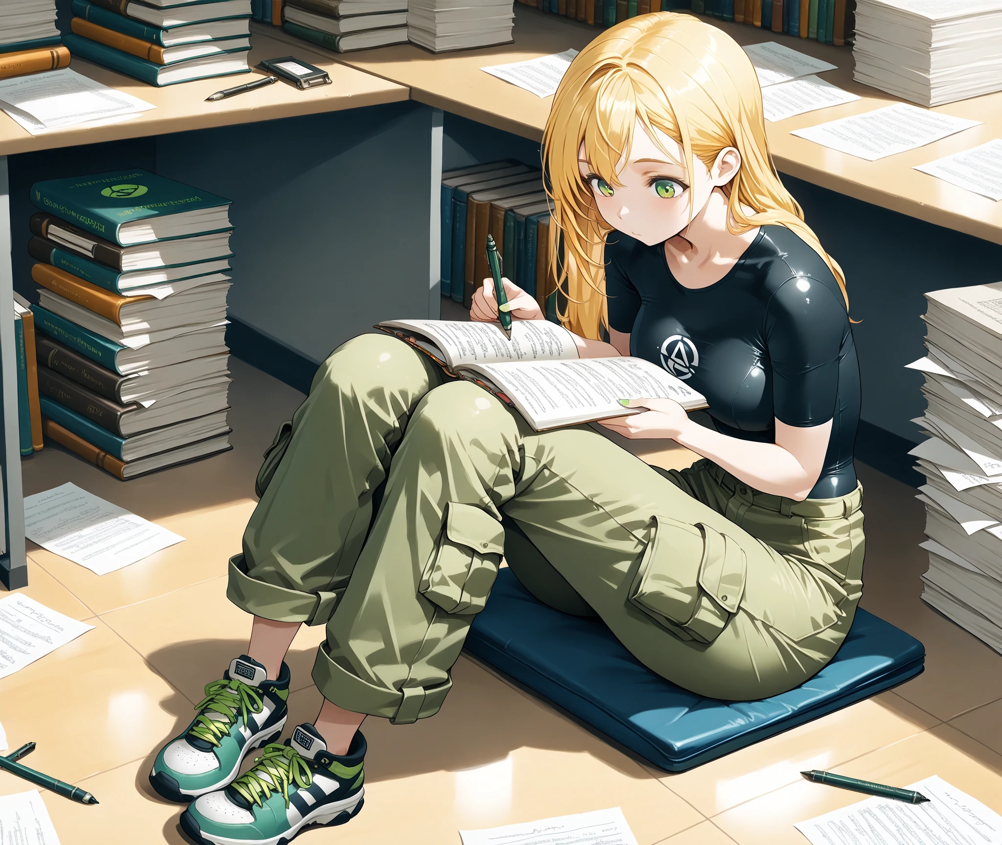 A young girl with long, blonde hair, wearing a black shirt and green pants, is sitting on a blue mat in a library. She is engrossed in reading a book, holding a pen in her right hand. The library is filled with stacks of books, and the girl's shoes are on the floor.