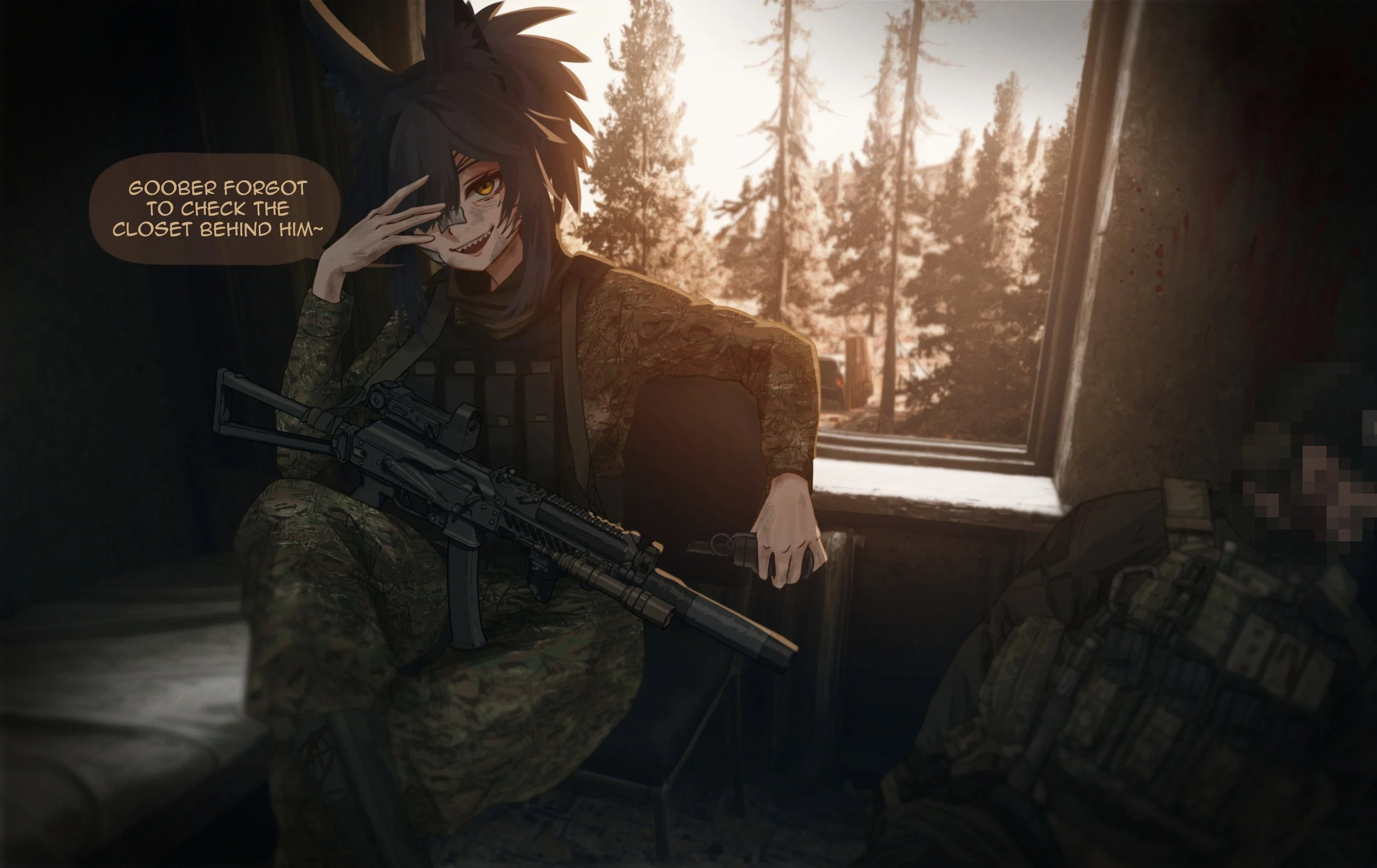 Anya sitting down on a chair after killing a TLA soldier
