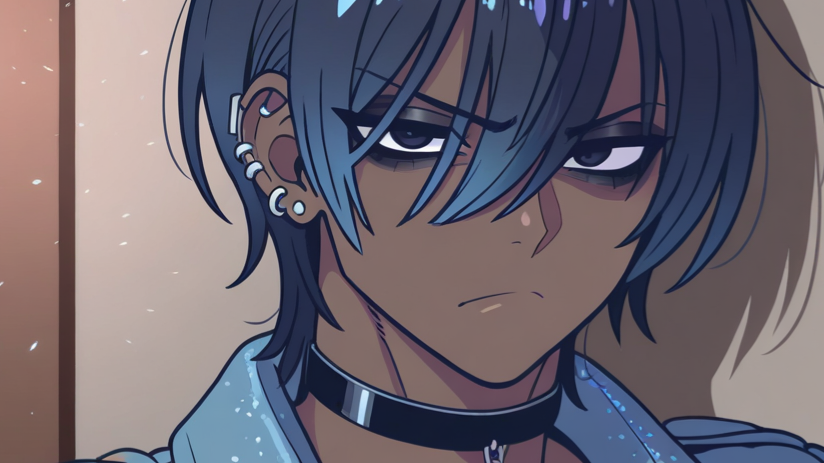 Upset dark-skinned man, ear piercings, eyeshadow and eyeliner, messy black hair, black choker around his neck, wearing a long-sleeved t-shirt and sleeveless jacket