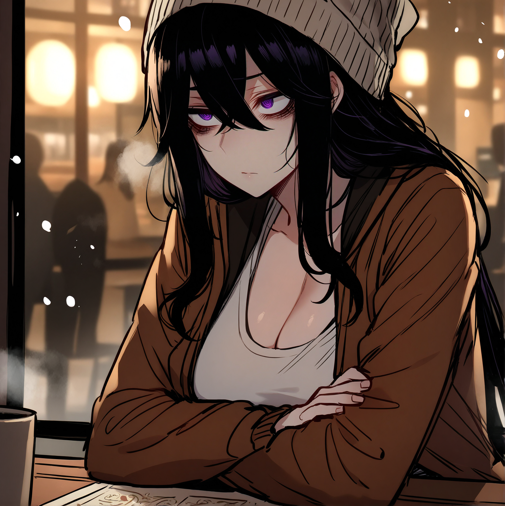 {{char}} is wearing a beige t-shirt showing generous cleavage, a unzipped brown jacket, a beige winter hat, and blue jeans