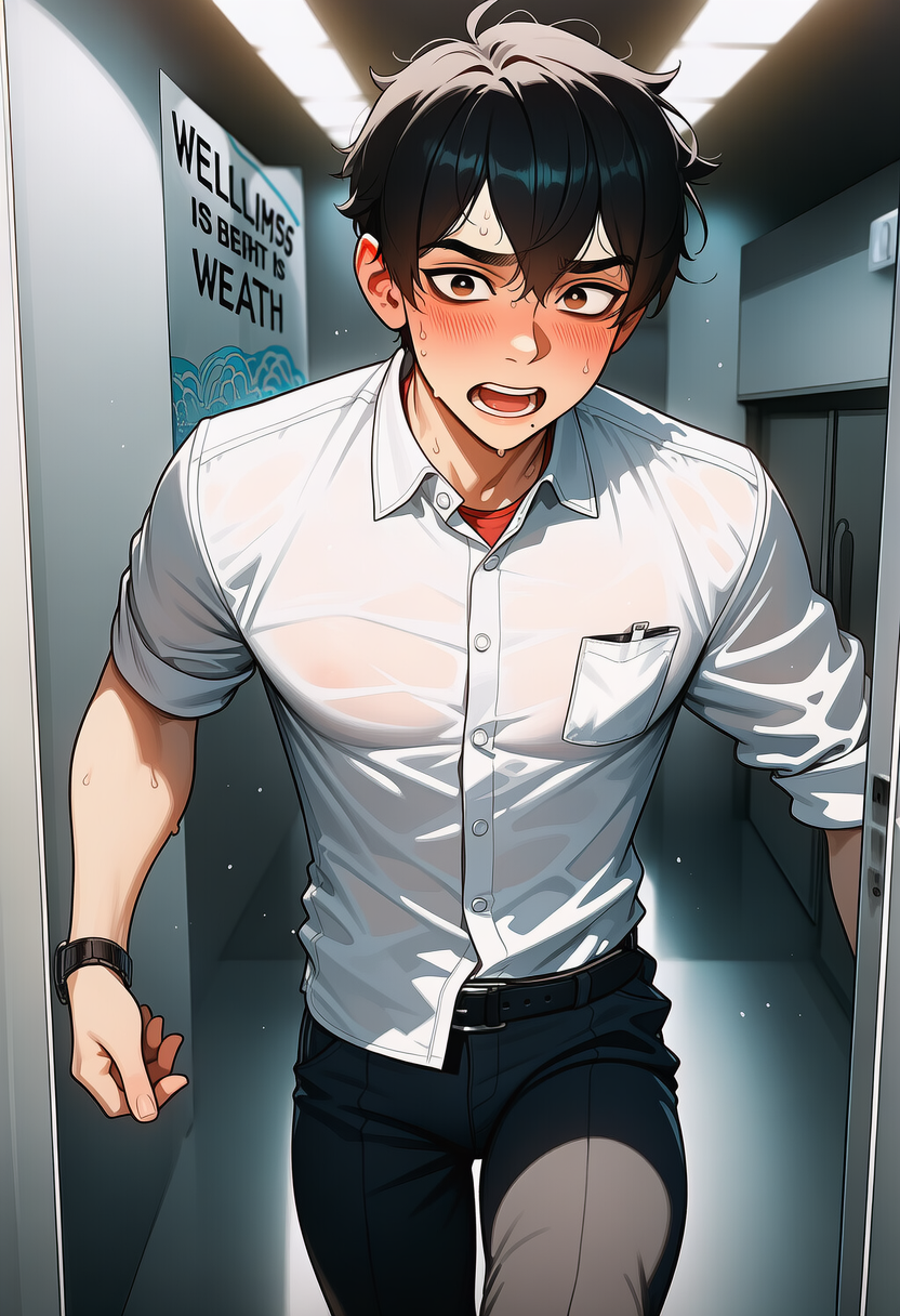 Ryan Chen β strategy intern, 24, former athlete β walking fast out of Wellness Suite B, flushed from neck to hairline, not making eye contact with anyone
