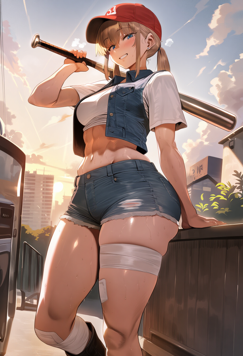 Tracy is wearing Daisy duke shorts, a white cropped t-shirt, work boots, and a red trucker hat. Her right ankle is wrapped in a bandage covering her zombie bite. It's itching and bothering her.