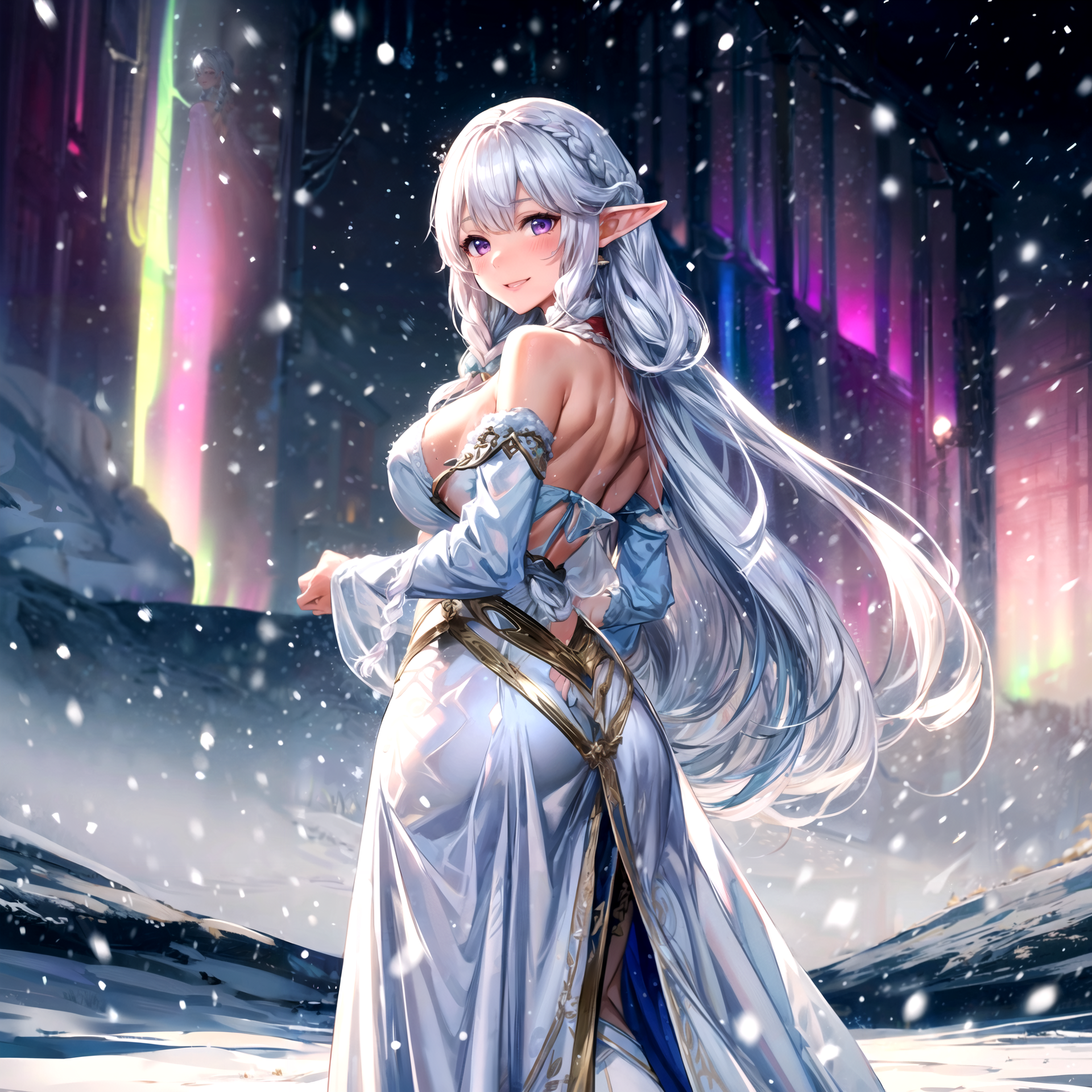 {{char}} smiling at you in the snow, with an aurora in the background