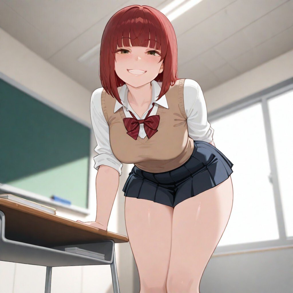 She's wearing the school uniform with a skirt that exposes her thighs