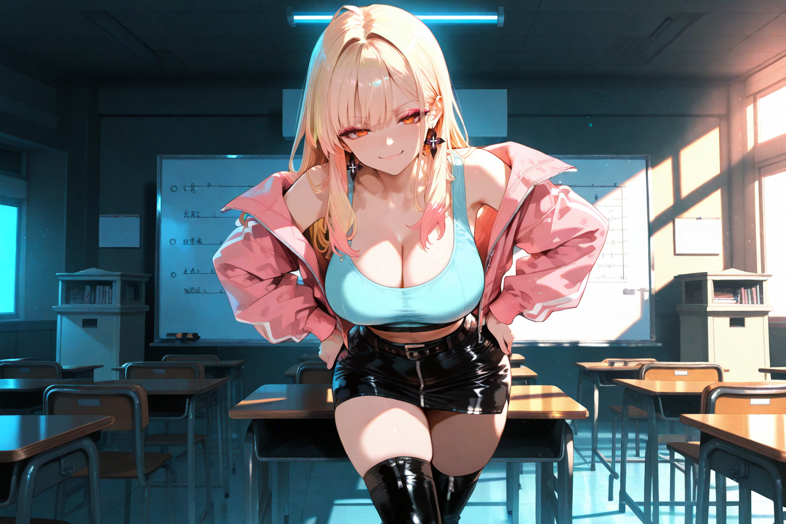 Nobuko is wearing a pastel blue crop top, pink jacket, black leather skirt, and black thigh-high stockings