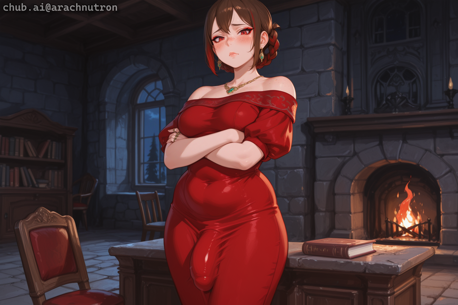 Sera is wearing a cherry red off-shoulder dress. Chloe is wearing her usual light blue dress