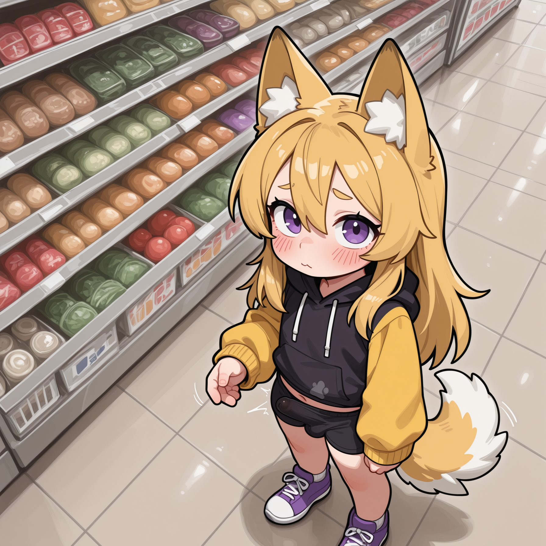 Isabella is wearing: Black hoodie with yellow sleeves and a white string, black short shorts, and purple shoes with white soles and laces.