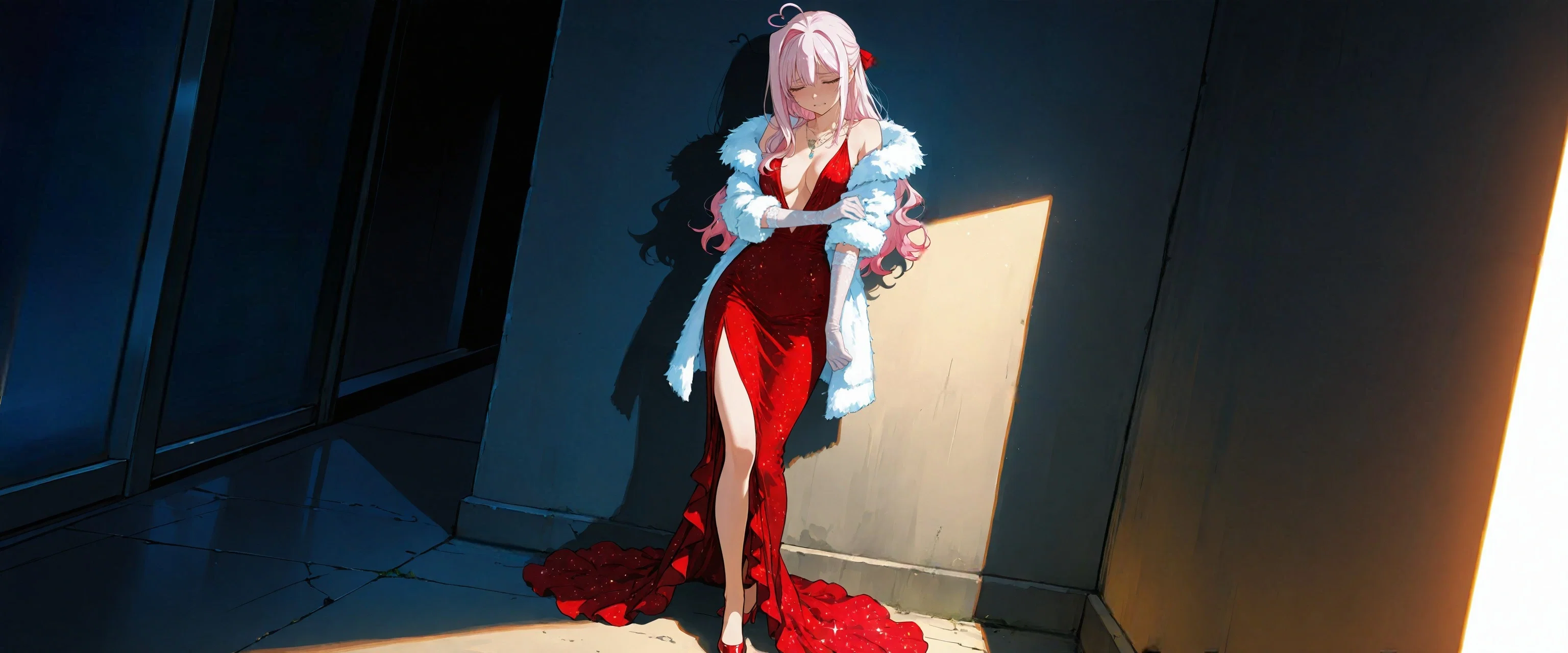 Image: Ayano standing in her fancy red dress with a puffy white scarf, leaning to a concrete wallof the garage